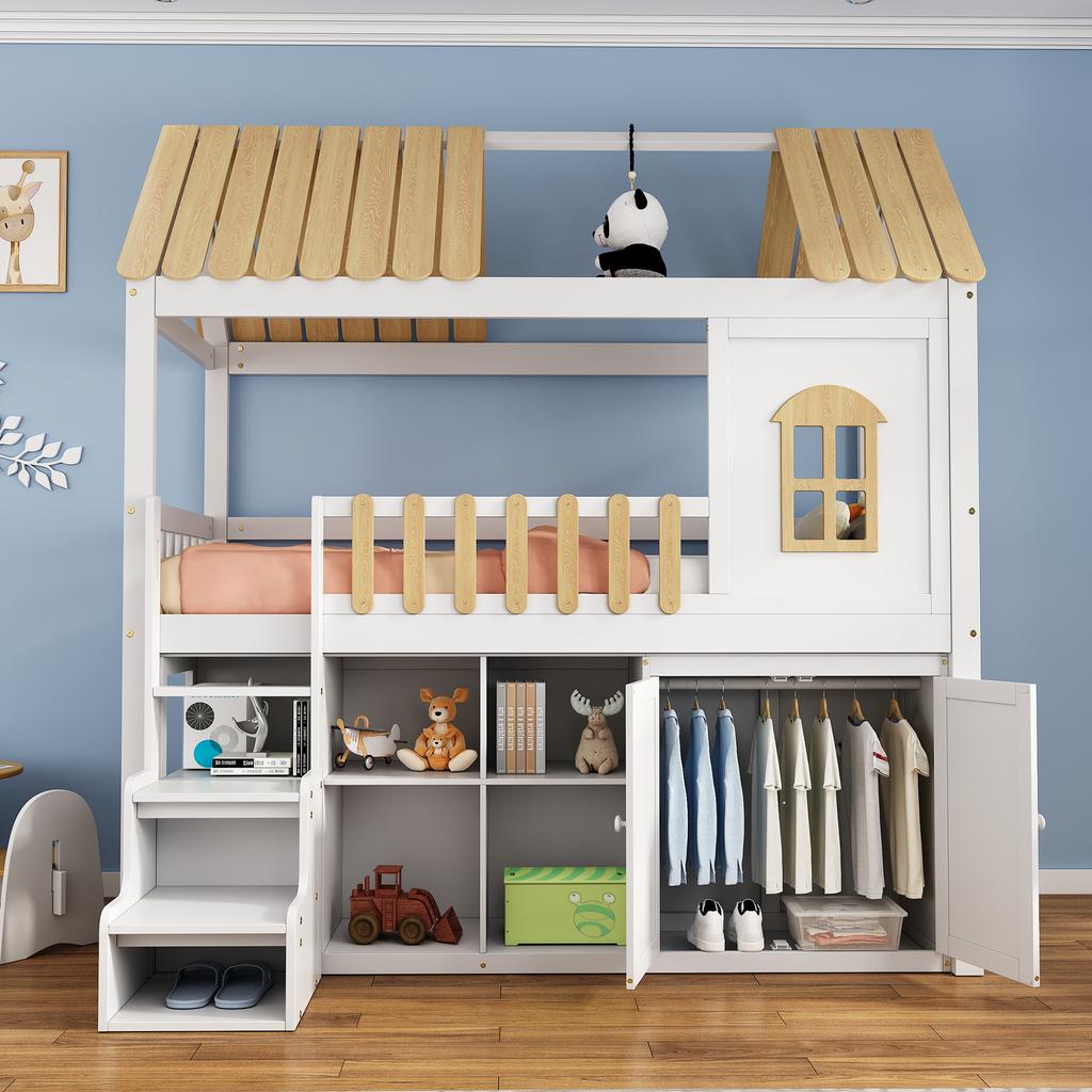 Etagenbett, Viel Stauraum, Kleiderschrank, Fenster, Kiefernholzrahmen, Schuhschrank, Stufen, Minimalistisches Design, Stabile Absturzsicherung, Weiß+Natur, 90x200cm