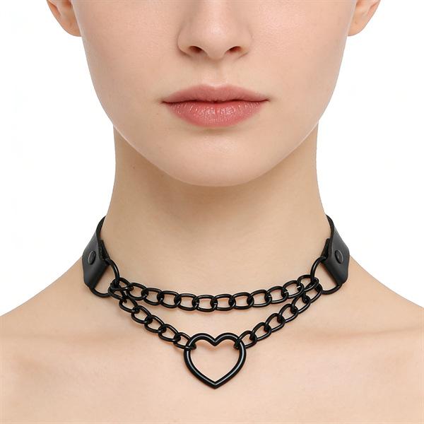 Unisex Europese Punk Zwarte Leren Choker met Metalen Ketting en Slot Hanger.