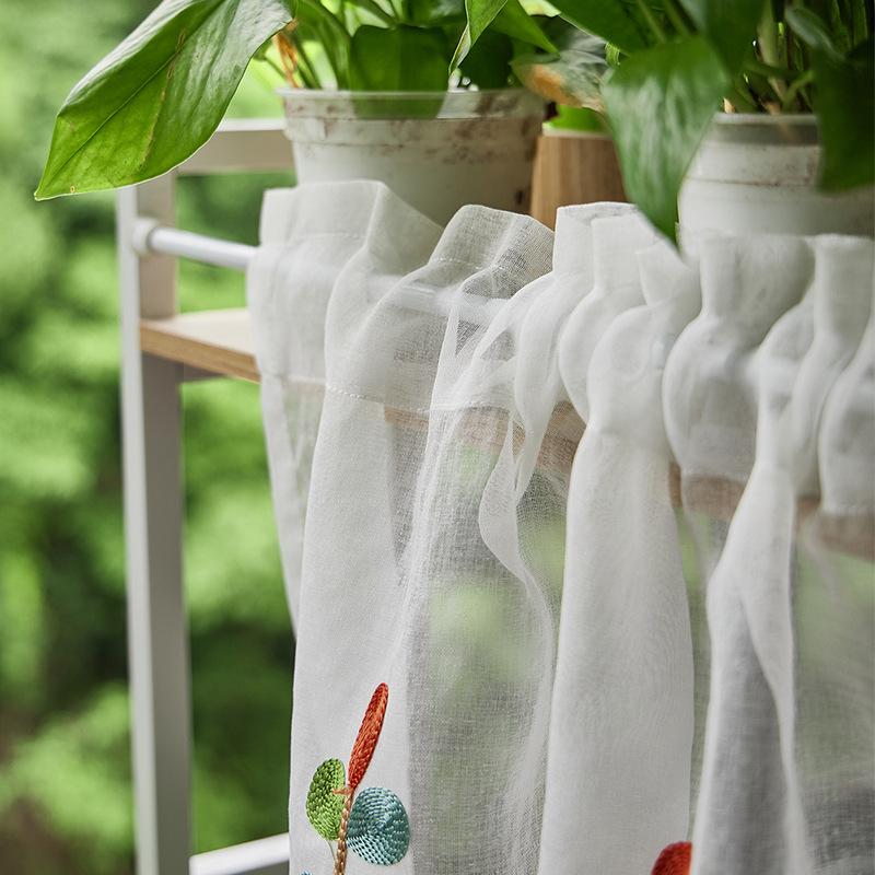 Embroidery Leaves Short Kitchen Curtain with Lace Design for Small Window Rod Pocket Vintage Cafe Tier Curtain Panels for Cabinet Door