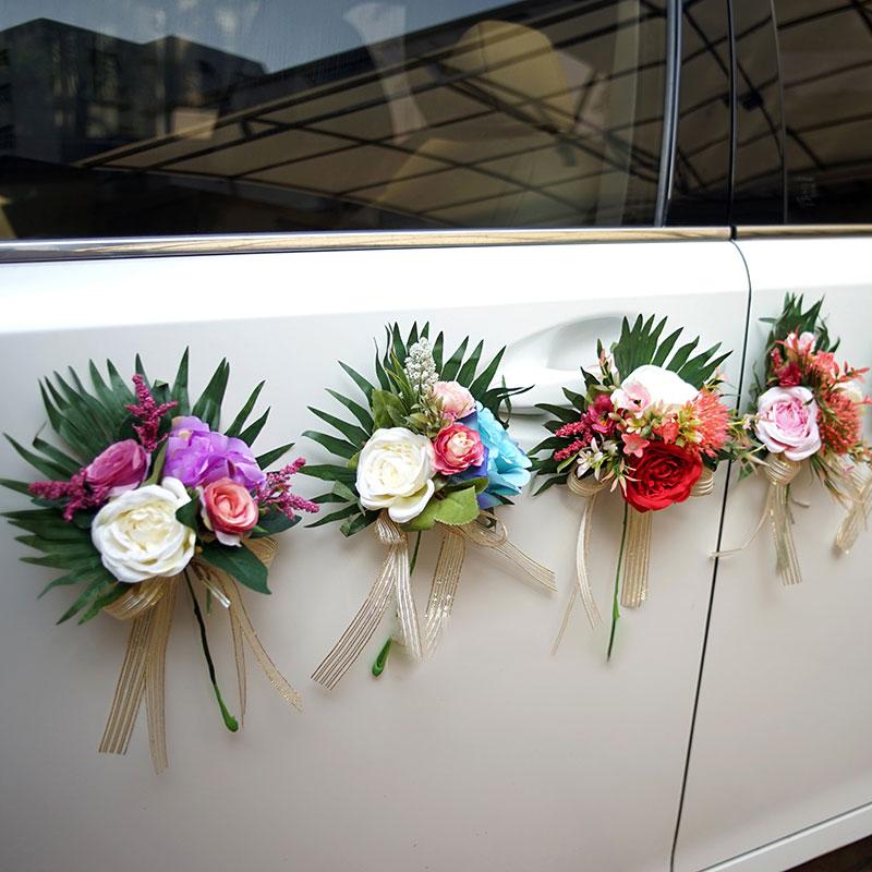 Wedding Car Flower Knot Door Handles Ribbons Silk Artificial Flowers Rearview Mirror Decorations Festival Arrangement Supplies