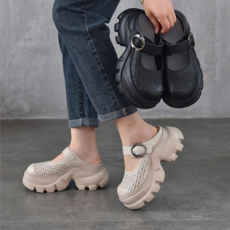 Johnature Mules Légères à Semelles Épaisses et Bout Rond en Cuir Véritable Découpées Respirantes Chaussures pour Femmes