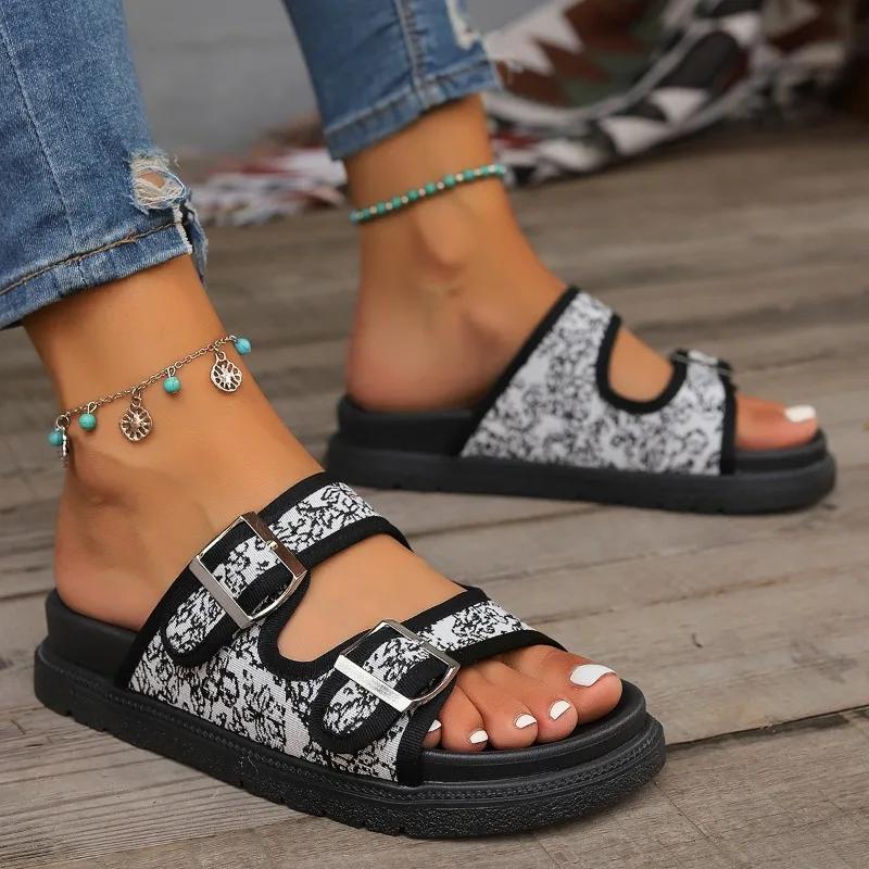Chaussures pour femmes en solde 2024, pantoufles basiques pour femmes, pantoufles décontractées à plateforme, chaussures d'extérieur plates à boucle imprimée et à bout ouvert pour femmes