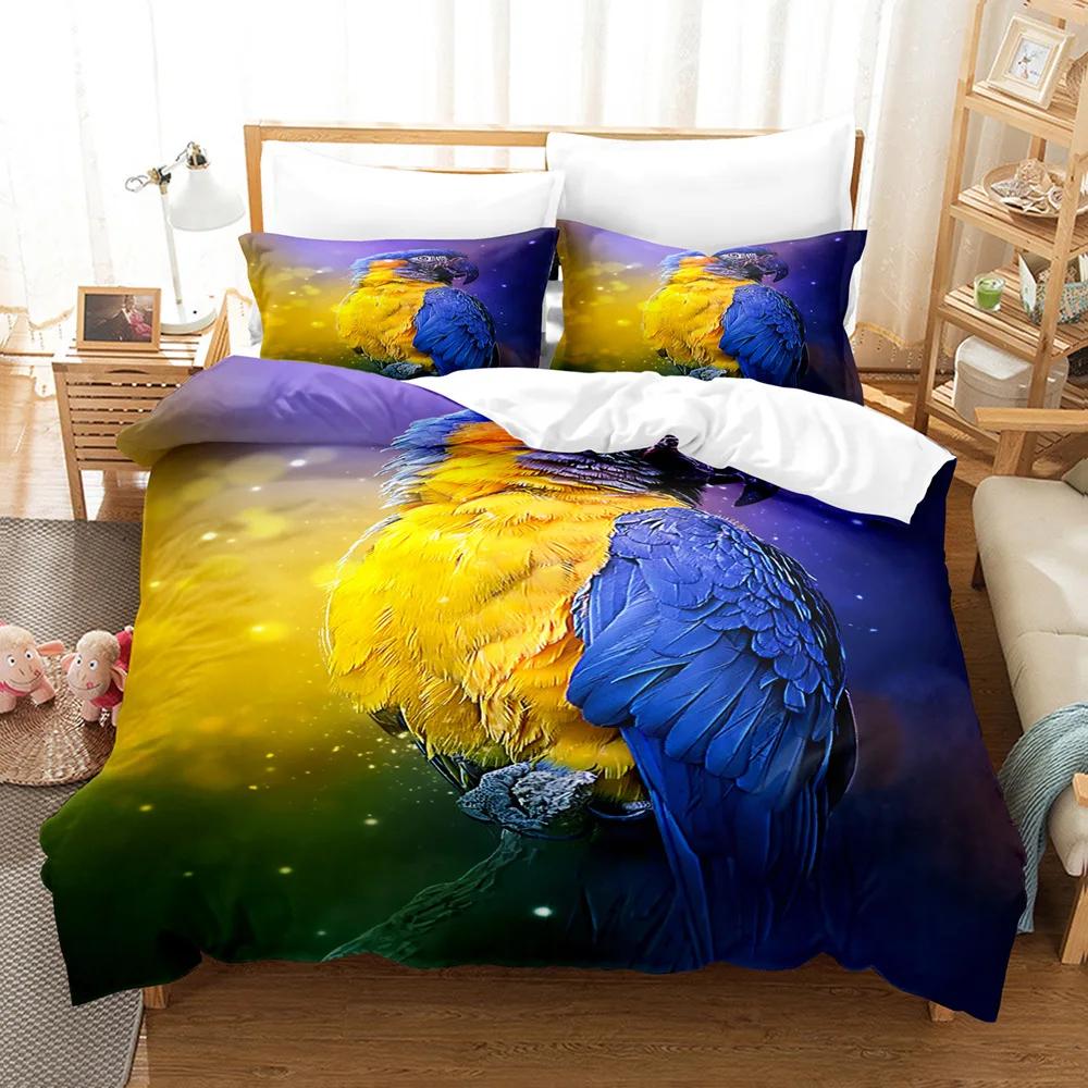 Ara Beddengoedset King/Queen Size Kleurrijke Papegaai Dekbedovertrek Jongens Natuurlijk Tropisch Groen Plant Vogel Polyester Quiltovertrek