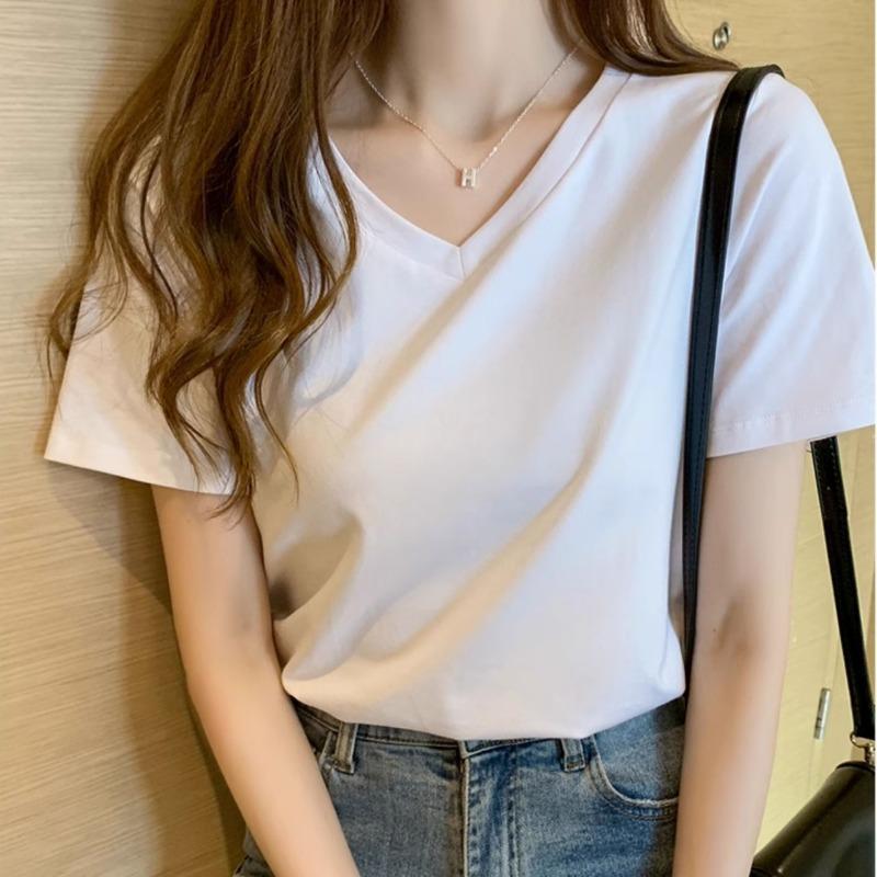 Womens V Neck Pure Cotton Short Sleeve Regular Fit Casual Basic T Shirt