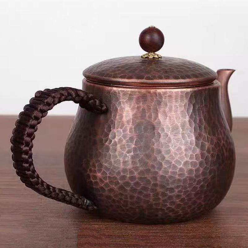 Vintage Copper Coffee Pot,Hammer Texture Weave Handle 500 Ml With Lid Heat Resistant Filter Water Kettle,Handcrafted Teapot