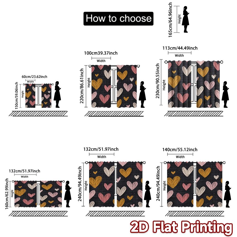 2D FLAT PRINTING 2pcs Curtains (Without Rod) Valentine's Day Chalk Hearts Modern Print Curtains Polyester Easy Install Curtains