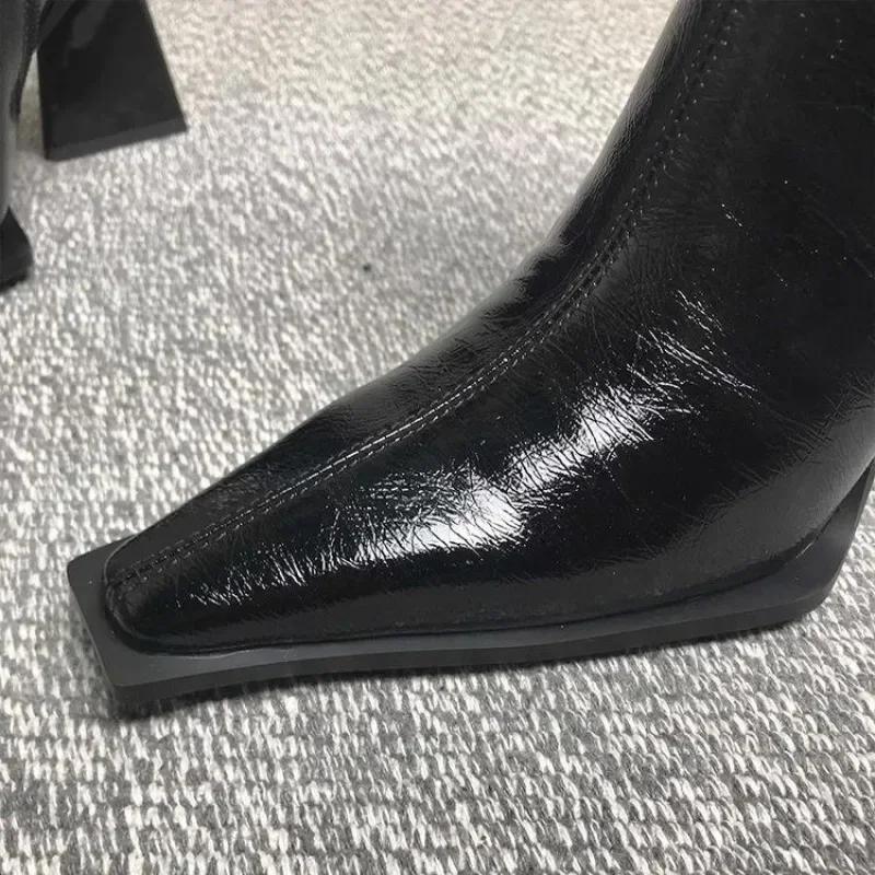 Women's Shoes Horse Boots Female Skinny Boots Winter New Patent Leather Thick with Fashion High Heel Short Boot Zapatos De Mujer