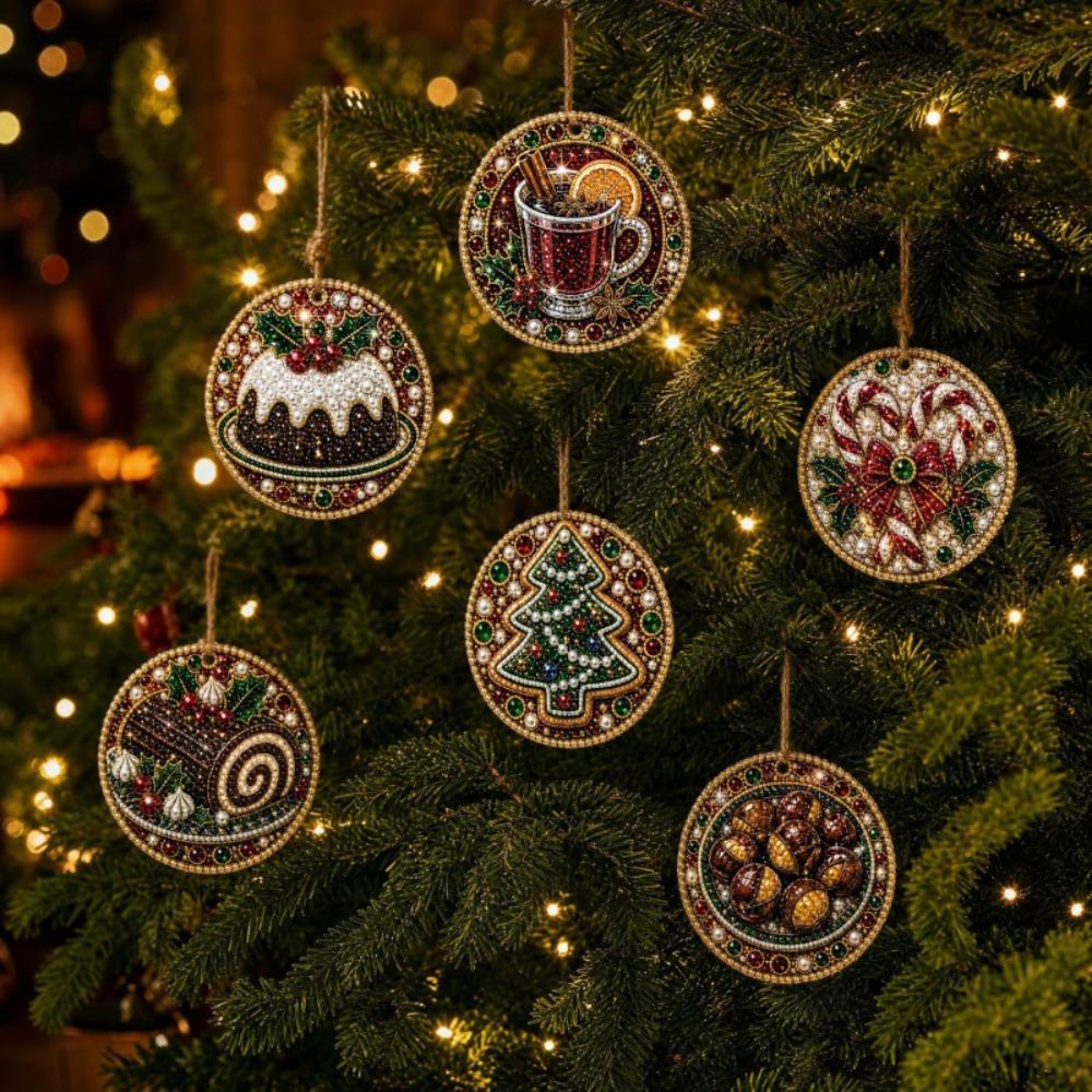 6 Stück Vintage-Druck DIY Weihnachts-Diamantmalerei-Set Runde Form Perlen Holz-Weihnachtsornamente Set Holzsockel