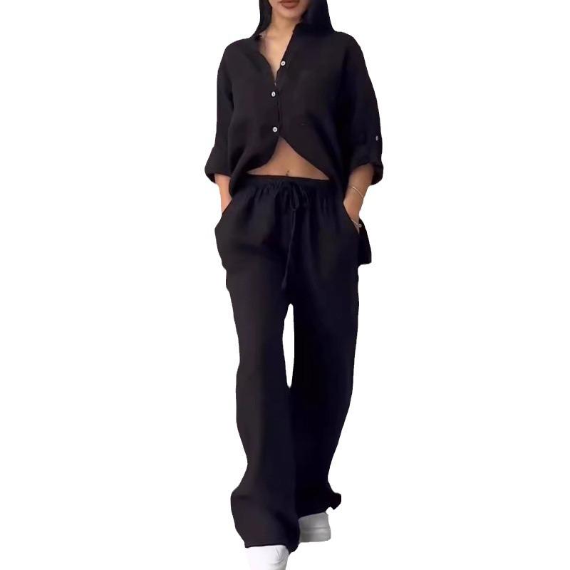 2024 Women's Solid Color Long-Sleeve Shirt & Wide-Leg Pants Set