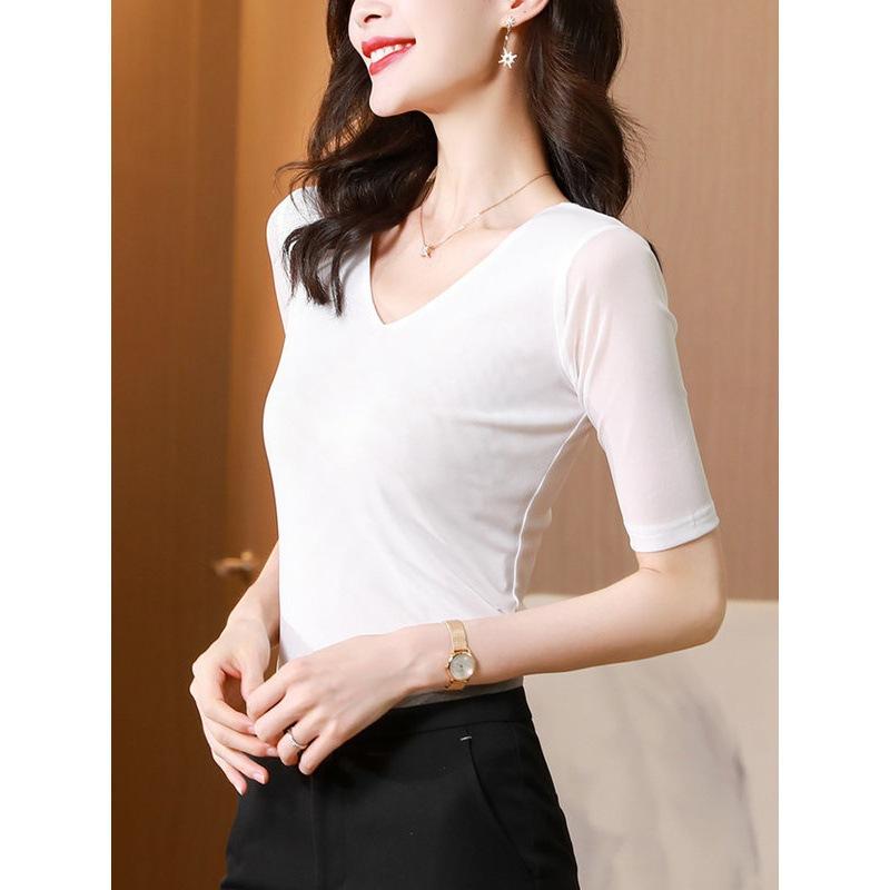 Korean Mesh Print V-neck Mesh Bottoming Shirt Female Early Spring Lace T-shirt Female Blouse Yarn Suit Inner Small Shirt Clothes Personalized Clothes