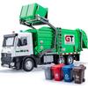 Jucării pentru camion de gunoi 1/24 Cabin metalic cu lumini și sunete, camion de reciclare cu frecare, încărcător frontal cu tomberon, 4 coșuri de gunoi cu carduri de gunoi