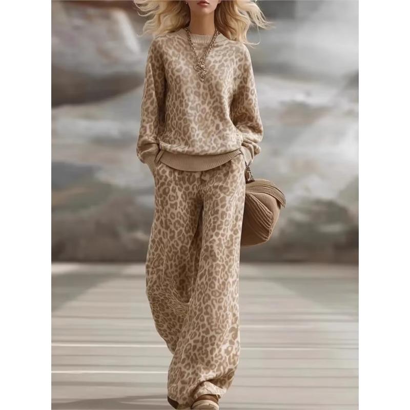 Autumn Winter Fashionable Light Brown Leopard Print Suit Long-sleeved Sweatshirt with Trousers Casual Commuting Women's Set
