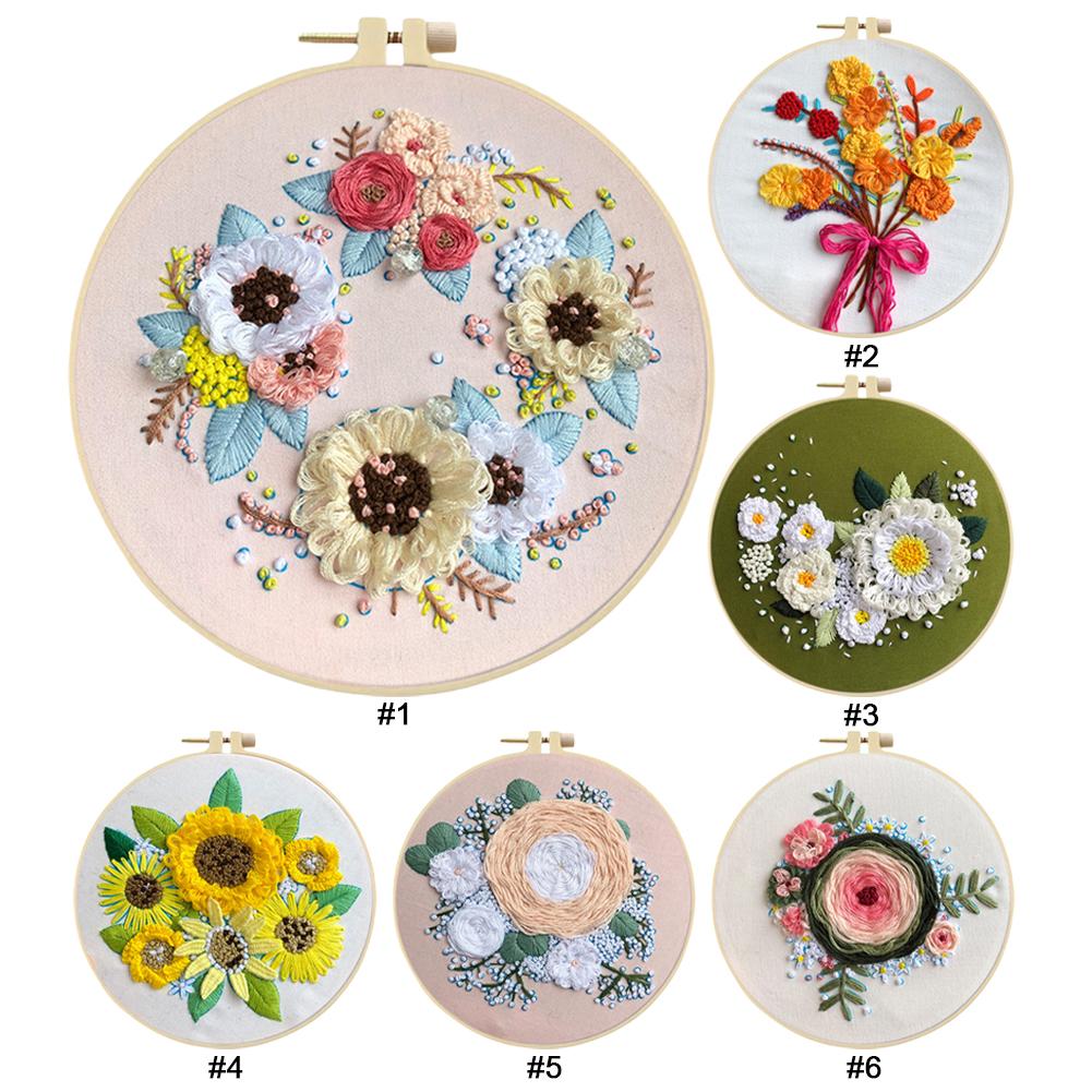 Flower Stamped Cross Stitch Embroidery Kits with Hoop Cloth Color Thread