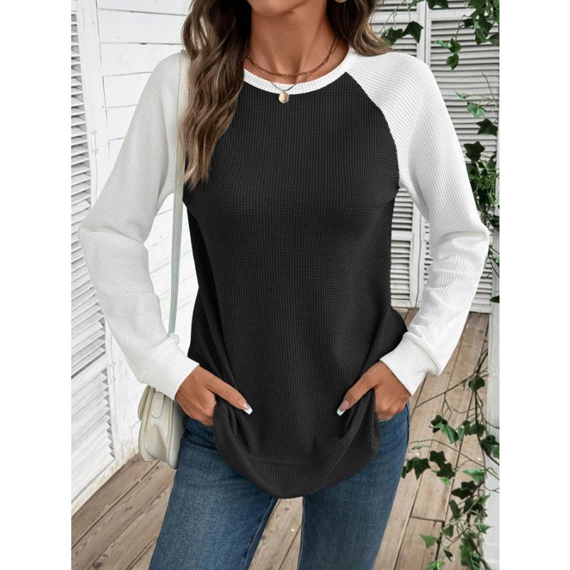 Women Waffle Patchwork Color Block Round Neck Long Sleeve T Shirt Top