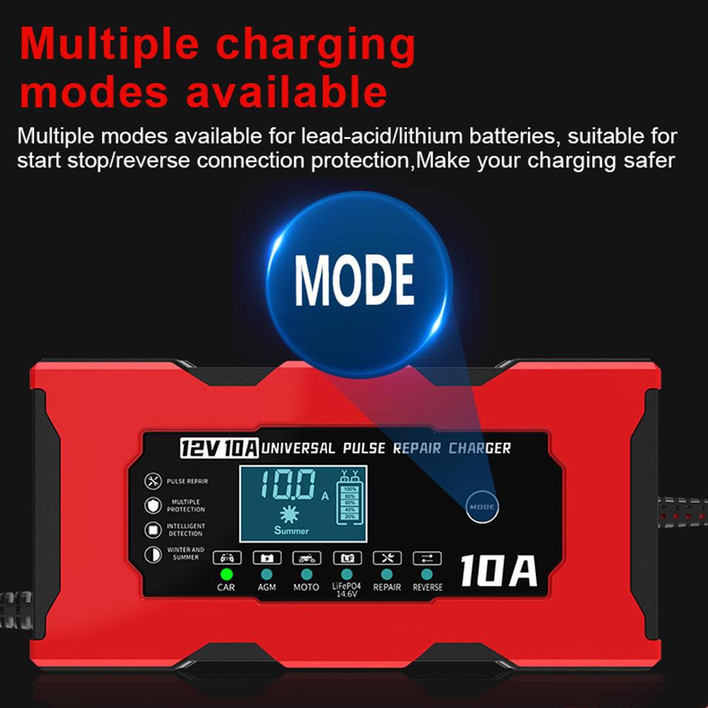Smart Battery Charging Car Battery Charger 14.6V 10A Iron Lithium Charger Pulse Repair EU/US Plug Silent Fan Digital LCD Display 12V 10A
