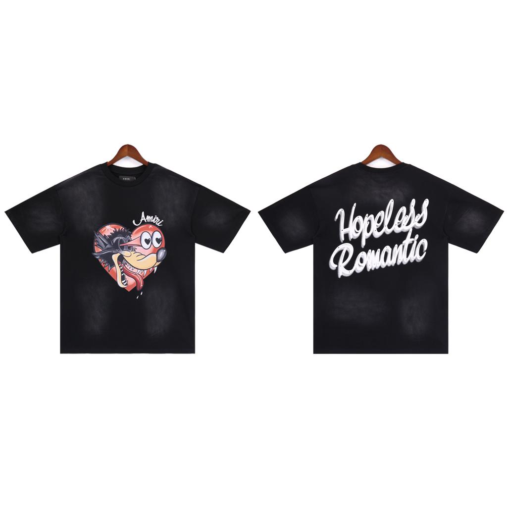 2025 Summer New AMIRI Hopeless Romantic Wash Water Spray Color Men's and Women's Loose High Quality Cotton Plus-size T-shirt