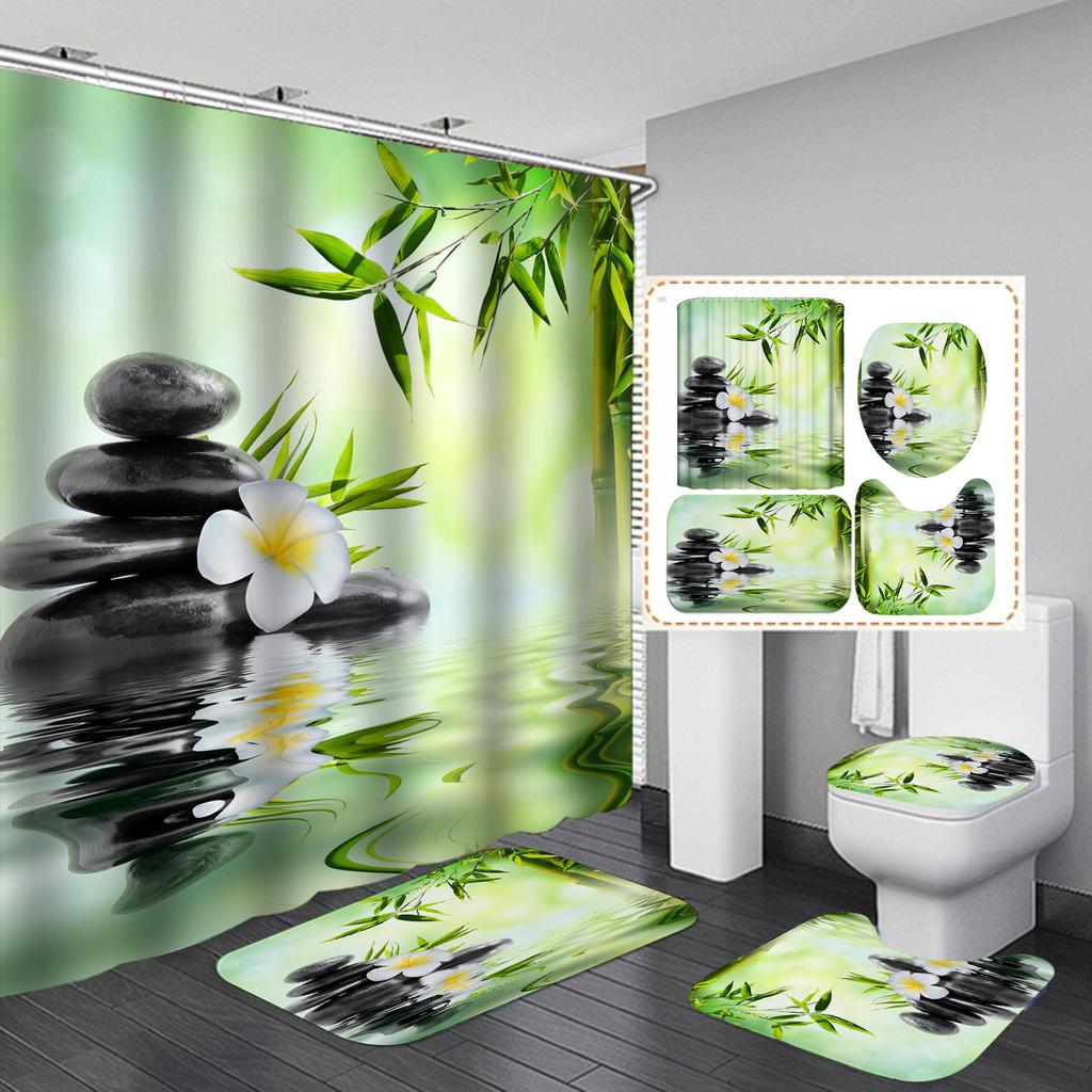 Σετ κουρτινών μπάνιου 4 τμχ Zen Green Bamboo Buddha Series για Αντιολισθητικά Χαλιά Μπάνιου Κάλυμμα Τουαλέτας Χαλάκι μπάνιου