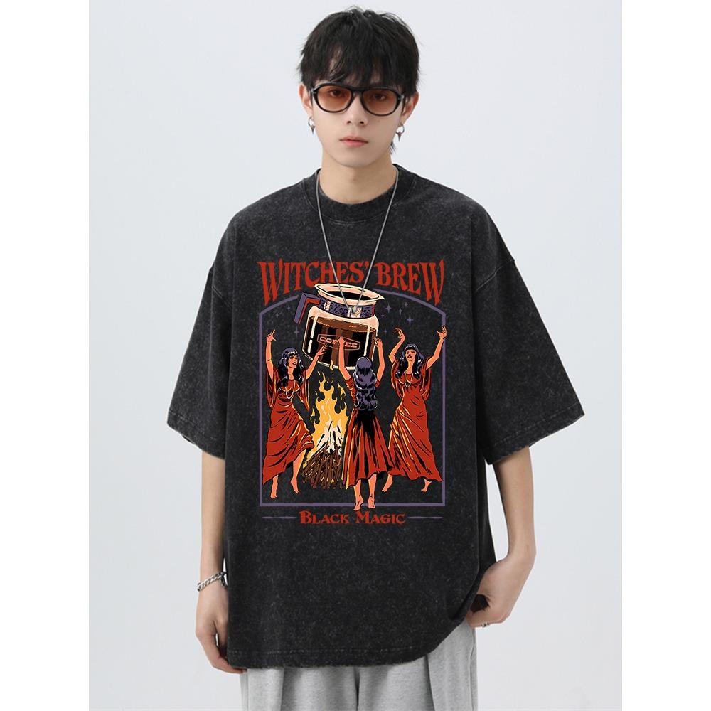 Witches Brew Coffee Black Magic Washed Retro Erkek Üstleri Bol Sokak Tişörtü Yaz Tişörtü Büyük Boy Bol Tişörtler