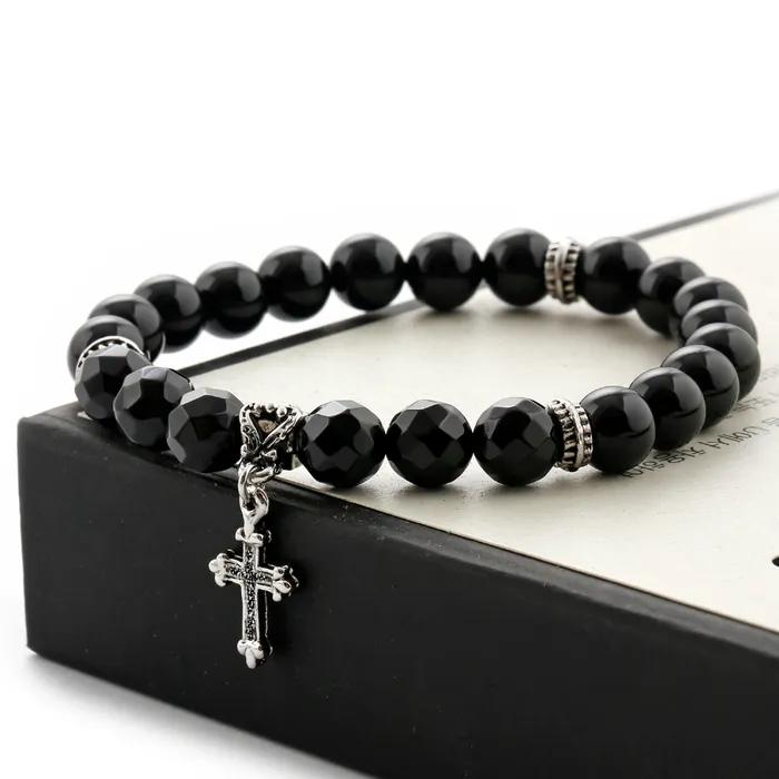 Natürlicher Stein Schwarzes Cut Cross Onyx Perlenarmband C22SVB-1002