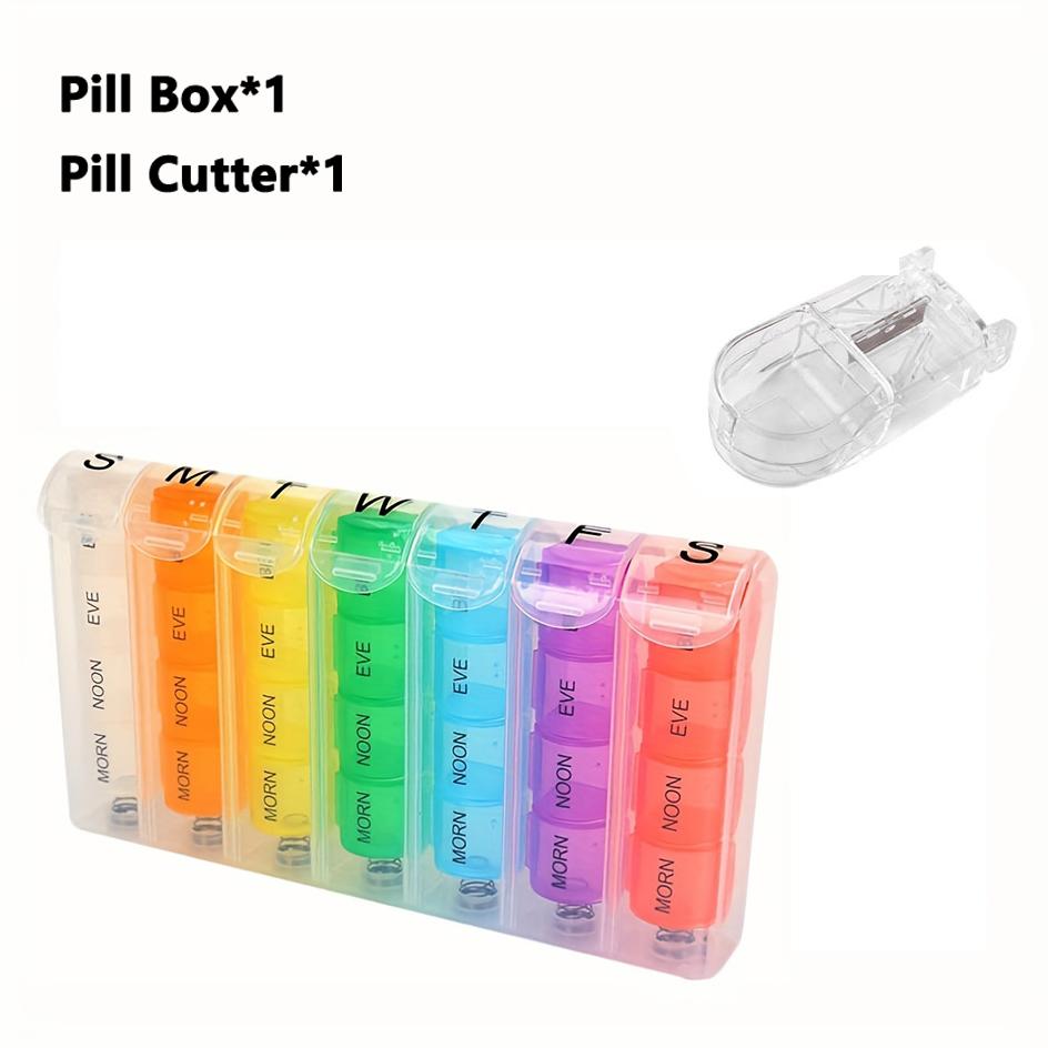 Weekly Rainbow Pill Box 28 Grids 4 Times A Day Portable Pill Organizer Spring Assisted Easy to Open for Vitamins and Supplements