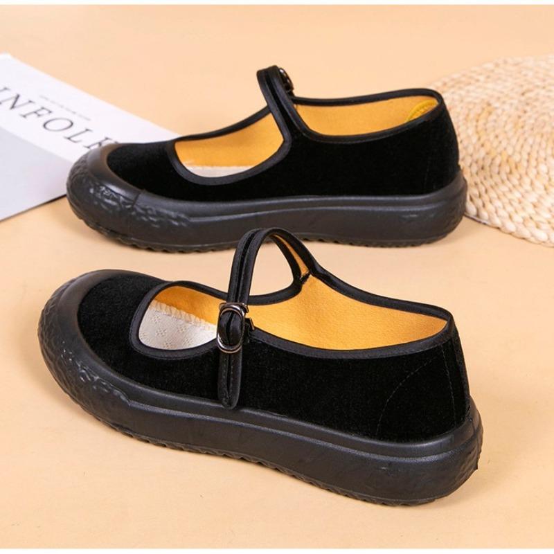 cloth shoes women's shoes black work shoes medium old mother shoes dance shoes flat heel platform one-word buckle shoes