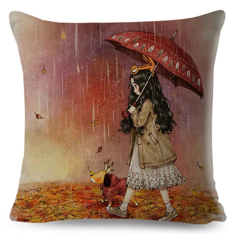 Colorful Cute Cartoon Girl and Pet Dog Fairy Tale World Pillowcase Decor for Sofa Home Pillow Case Polyester Cushion Cover