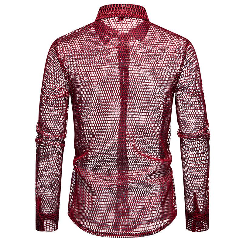 New Fashion Hollowed Out Design Men's Long Sleeve Shirt Personality Performance Shirts Male Nightclub Dance Perspective Shirt