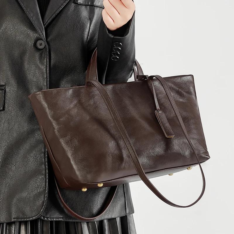 Women's Oil Wax Cowhide Genuine Leather Bag Lady Fashi Real Cowhide Bag Female Luxury Design High Capacity Commuting Handbag