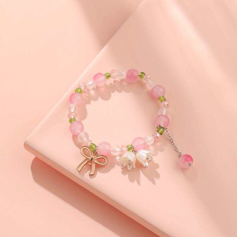 .Sweet Pink Floral Leaf Bracelet Lily Valley Charm Trendy Butterfly Heart Pearl Beaded Bracelet For Women Female Wedding Jewelry