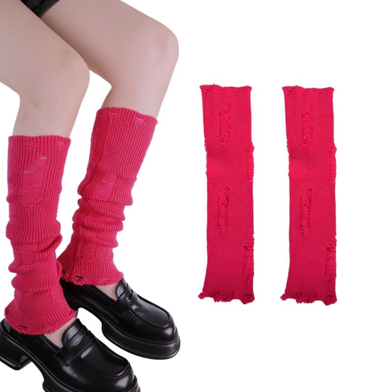 Ribbed Knitted Leg Warmers Y2K Harajuku Hollow Distressed Ripped Solid Color Leg Covers Stretchy Long Socks for Women