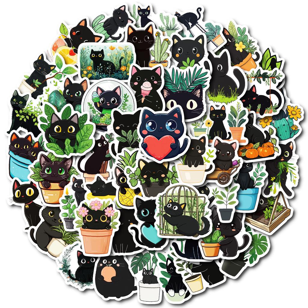 50 Autocollants Décoratifs Doodle Chat Noir Cao Zhi Peints à la Main Récompense pour Enfants Autocollants Dessin Animé