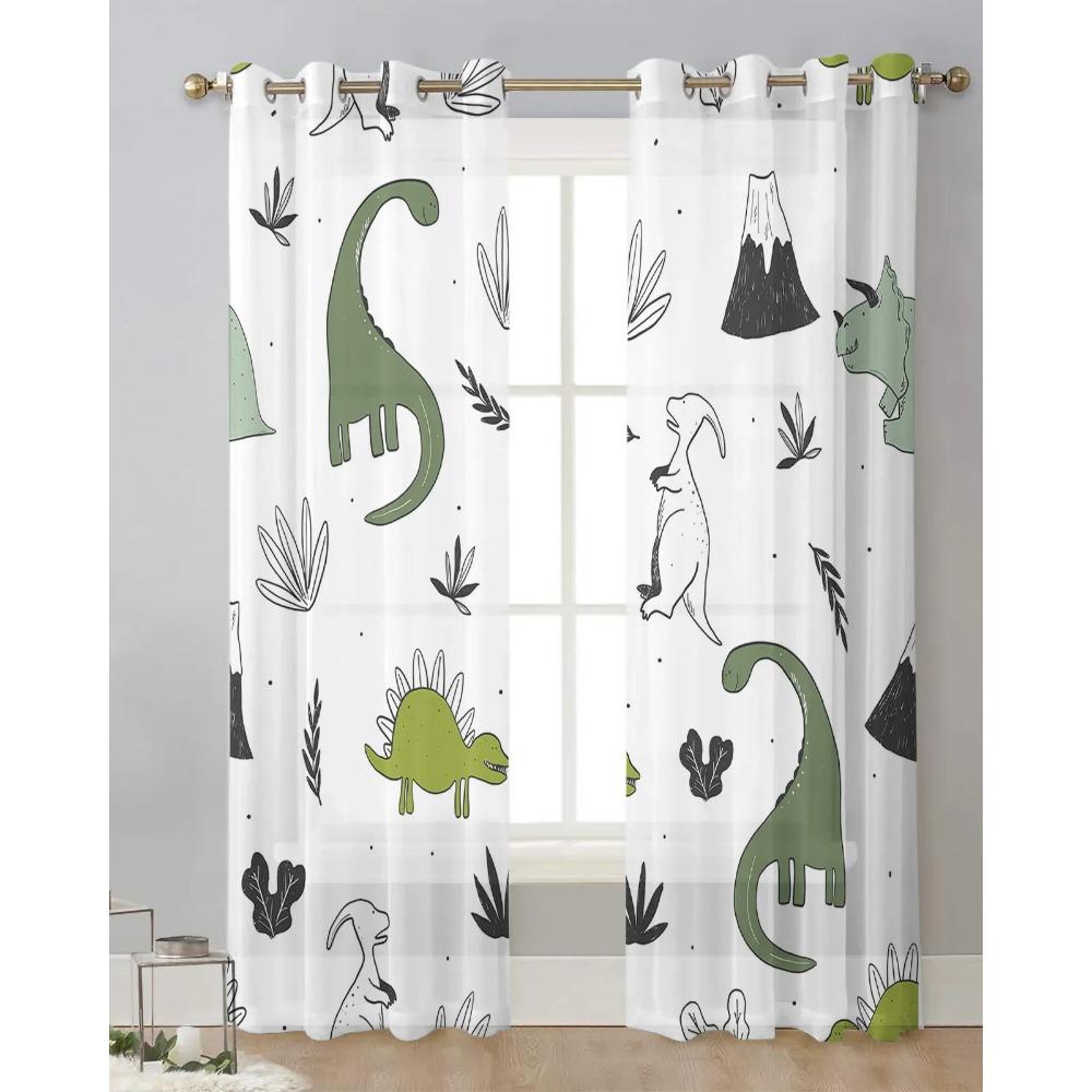 Animal Forest Green Dinosaur Character Green Plant Transparent Drapes for Bed Chamber Living Room Ornamentation Window Panel Curtain Cooking Area