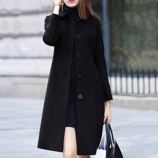 Lady Fall Winter Woolen Coat Turn-down Collar Single-breasted Loose Mid Length Thick