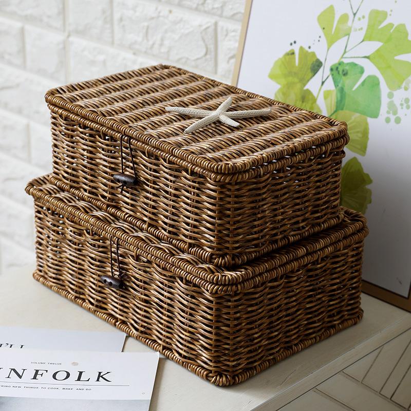 Huishoudelijke Opbergmand Imitatie Rotan Gevlochten Opbergdoos met Deksel Stofdichte Kleding Diversen Container Bureau-organizer