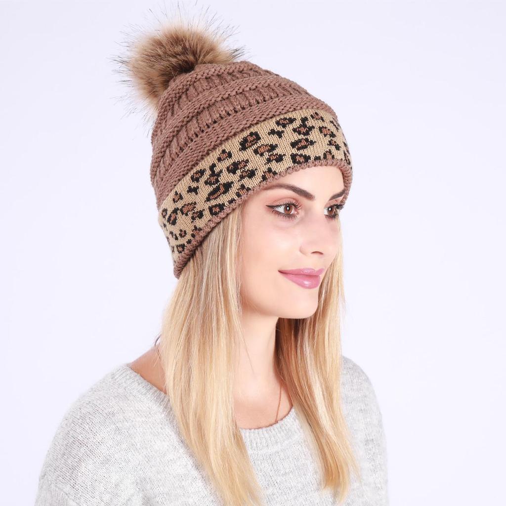 Herbst Winter Damen Verdickte Wärme Gestrickte Wolle Leopardenflor Hut