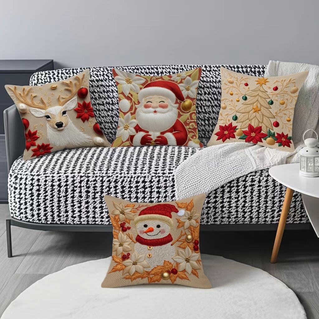 Christmas Khaki 2D Flat Print Pillow Cover Santa Cartoon Home Sofa Holiday Decoration Cushion Cover (Excluding Pillow Core)
