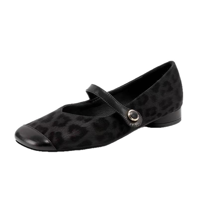 Leopard Print Mary Jane Small Leather Shoes Women's Spring and Autumn New Doudou Shoes Retro Inner Height-increasing Single Shoes