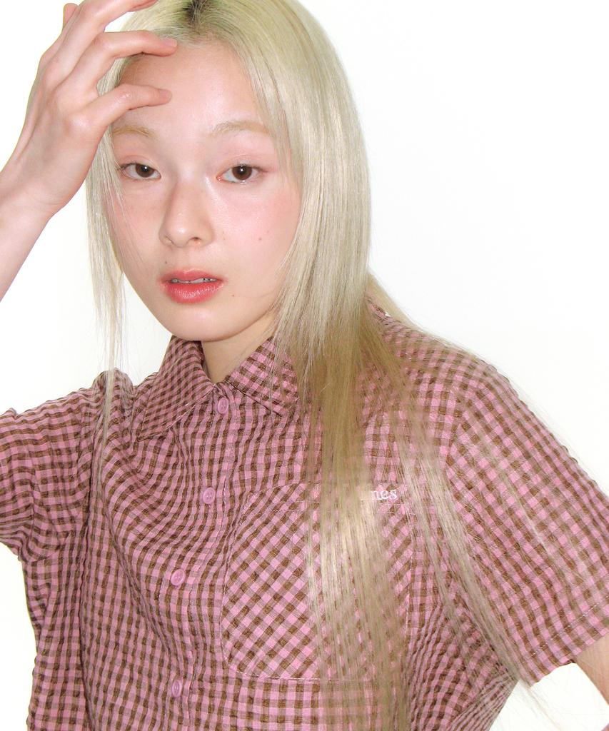 AMES-WORLDWIDE Wrinkled Check Short Sleeve Shirts Pink