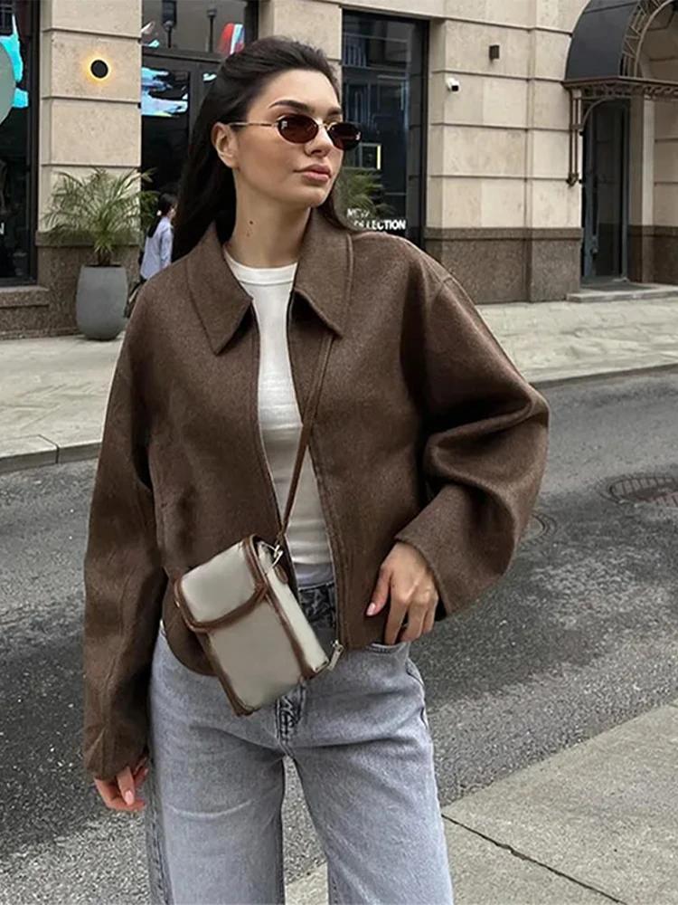 Módní hnědá vlněná bunda na zip pro ženy elegantní klopa dlouhý rukáv krátké kabáty dámské vintage podzimní dámské pouliční svrchní oblečení