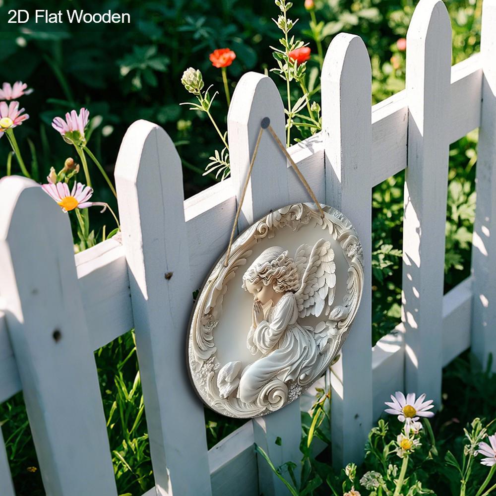 Rustic Wooden Sign with Angel Pattern -Charming Round Sign for Front Door, Wall, Porch Hanging Decor - Ideal Home Decoration