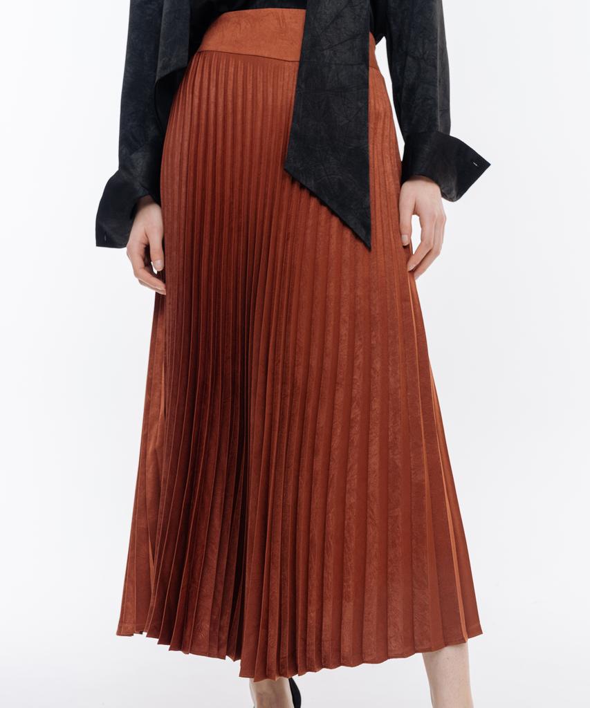Ish Wrinkle-Free Easy Care Silky Basic Long Pleated Skirt (Brick Brown)