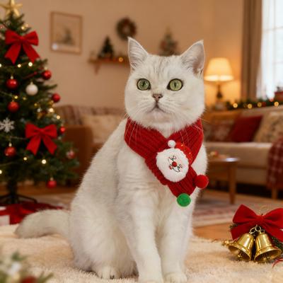 Christmas Pet Scarf Knitted Cat Scarf with Pompom Xmas Trees Santa Claus Scarf Fuzzy Xmas Hat with Star Topper for Festive Party Photo Shoots