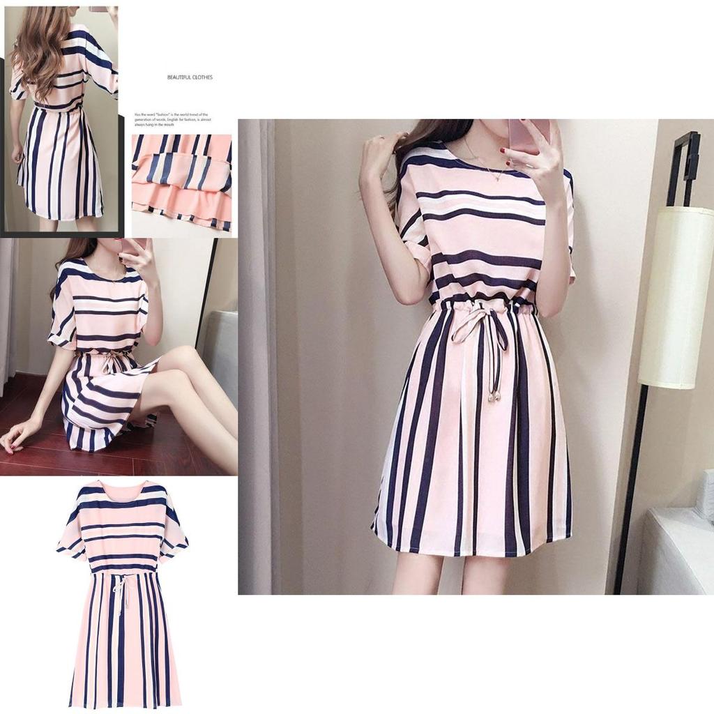 Elegant And Timeless Women Fashion Short Sleeve Casual Dress With Classic Stripes