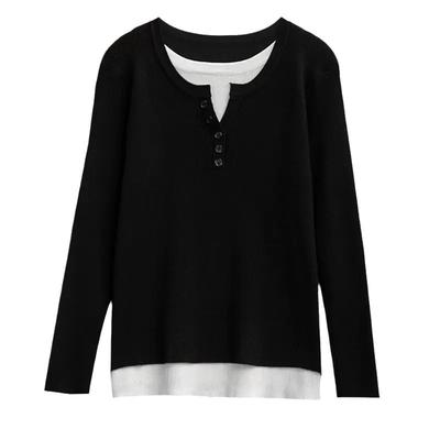 Women's Clothing Spring New Style Fake Two-piece Loose Flesh Covering To Make You Look Slimming Inside Long-sleeved T-shirt Top for Women