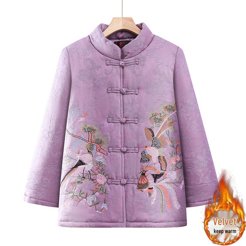 Grandma's Retro Embroidered Cotton Tang Suit Jacket for Elderly Women with Velvet Lining and Frog Buttons
