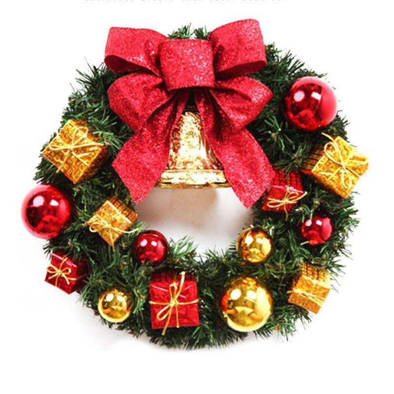 Festive Merry Christmas Wreath Garland With Red Bowknot And Gold Bells For Door Decor