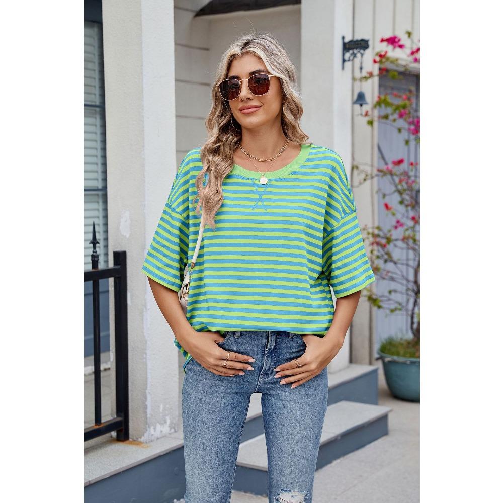 Spring and Summer New Women's Striped Contrasting Loose Short Sleeved T-shirt Top