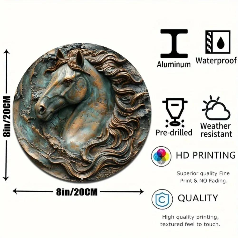 Hisun Tin Sign Vintage D Effect Horse Head Round Tin Sign Retro Rustic Bronze Patina Equine Themed Metal Wall Art Plaque Waterproof Distress