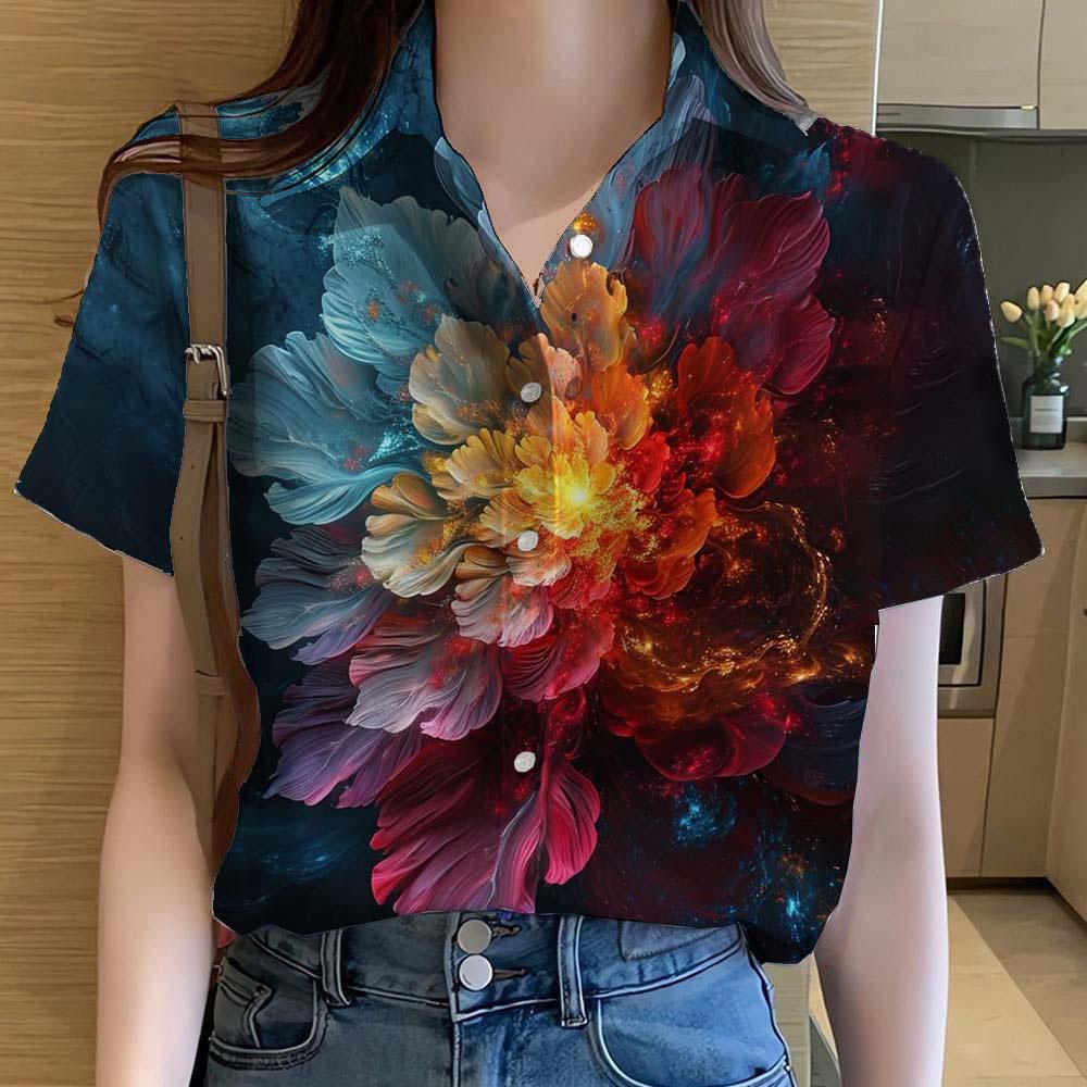 Womens Shirts Short Sleeve Button Floral Rose 3D Printed Casual Beach Shirt Summer Hawaiian Flower Blouse Women's Clothes