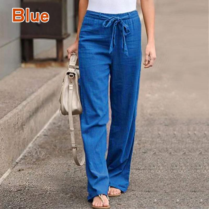 Women Polyester Cotton Pants Autumn Casual Solid Elastic Waist Straight Trousers Loose Long Pants Wide Leg Trousers